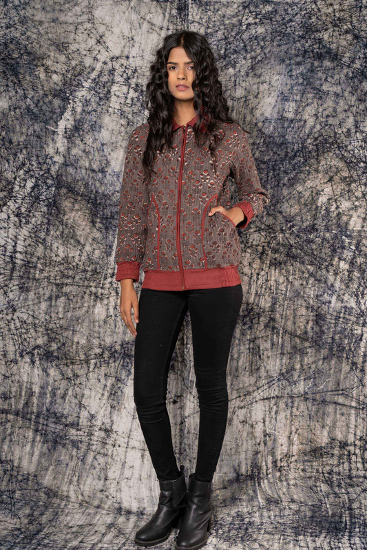 Kashish Grey Cotton Quilted Bomber Jacket-NVQJ382 SALE