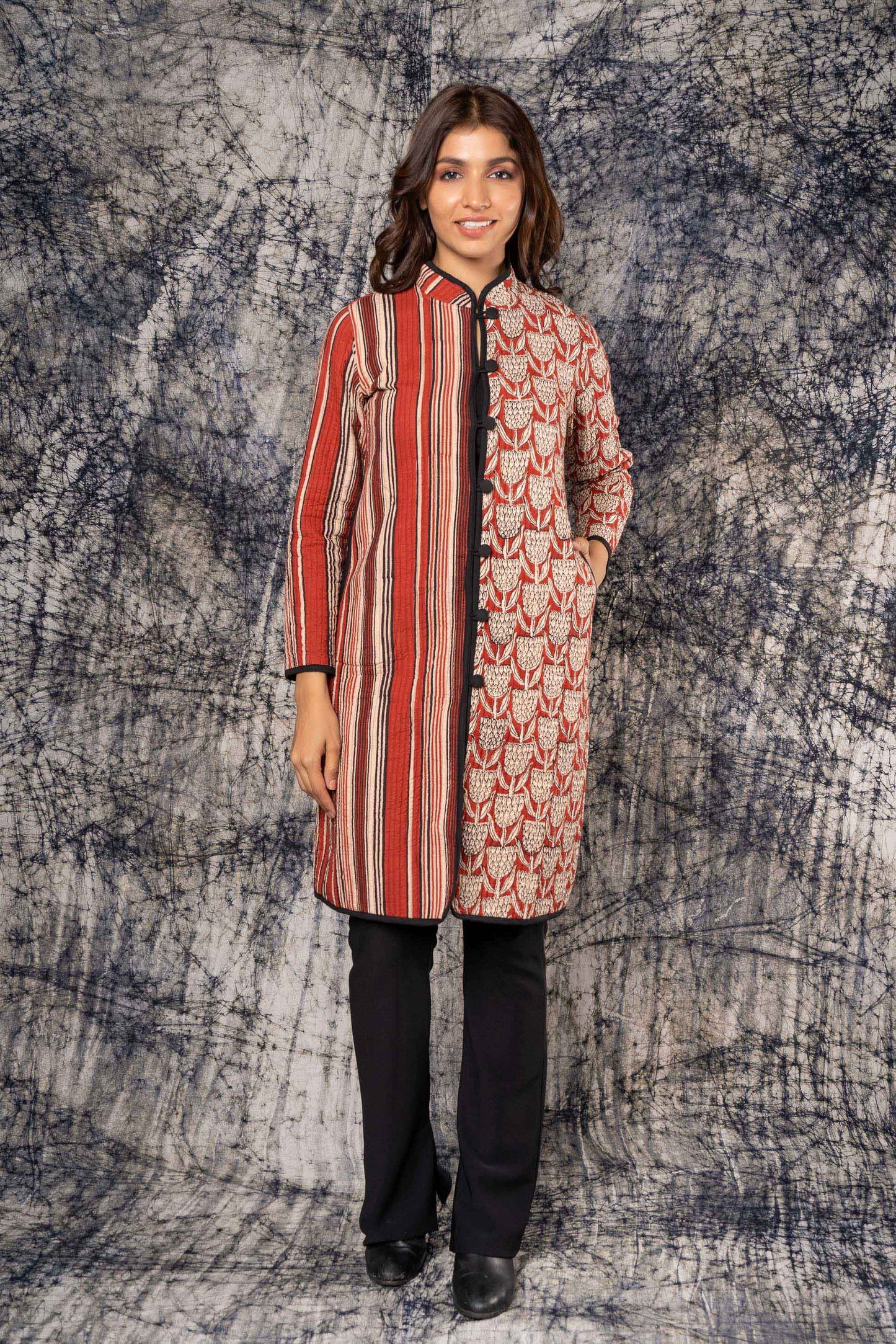 Bagru Block Printed Reversible Quilted Coat-NVQJ389