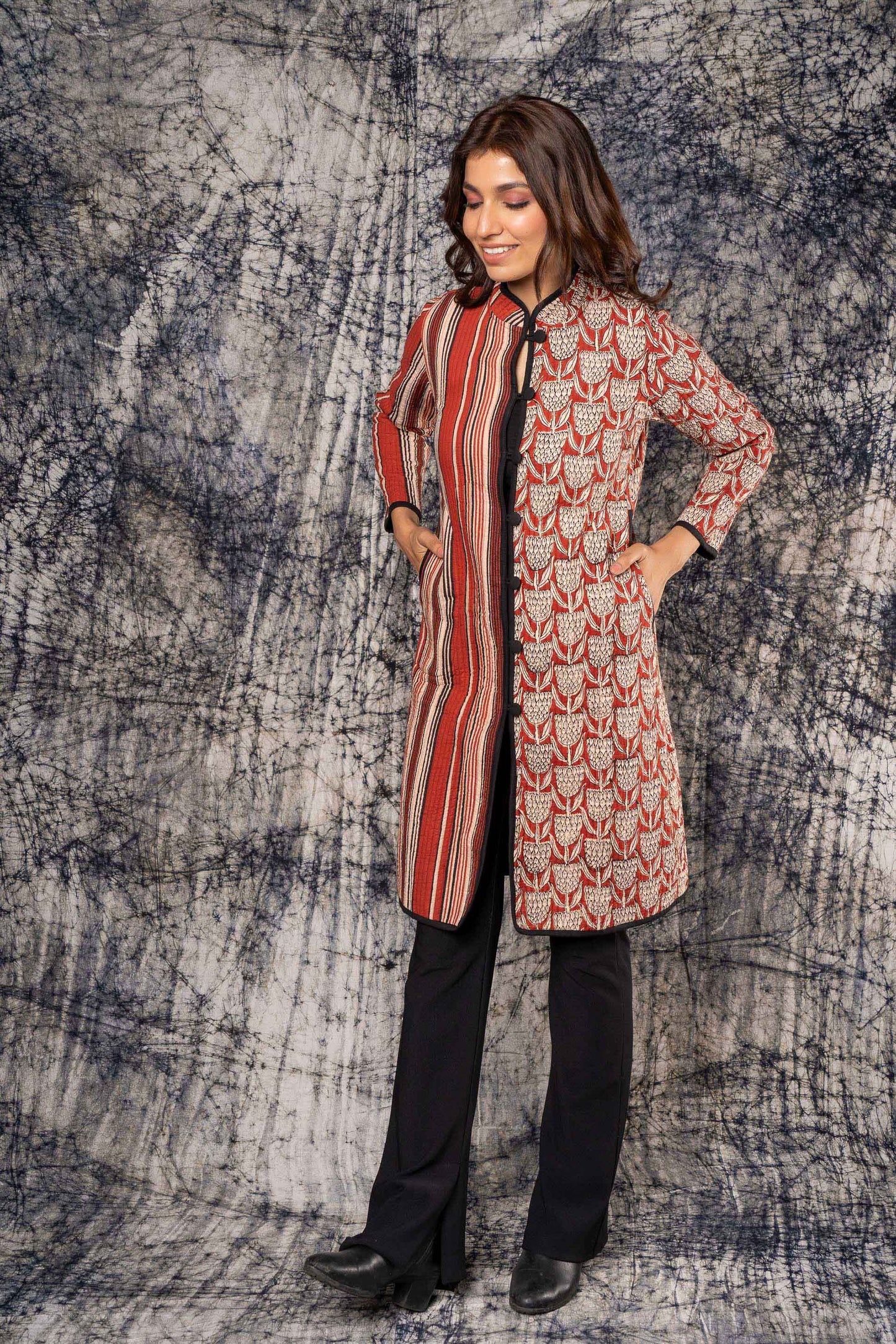 Bagru Block Printed Reversible Quilted Coat-NVQJ389