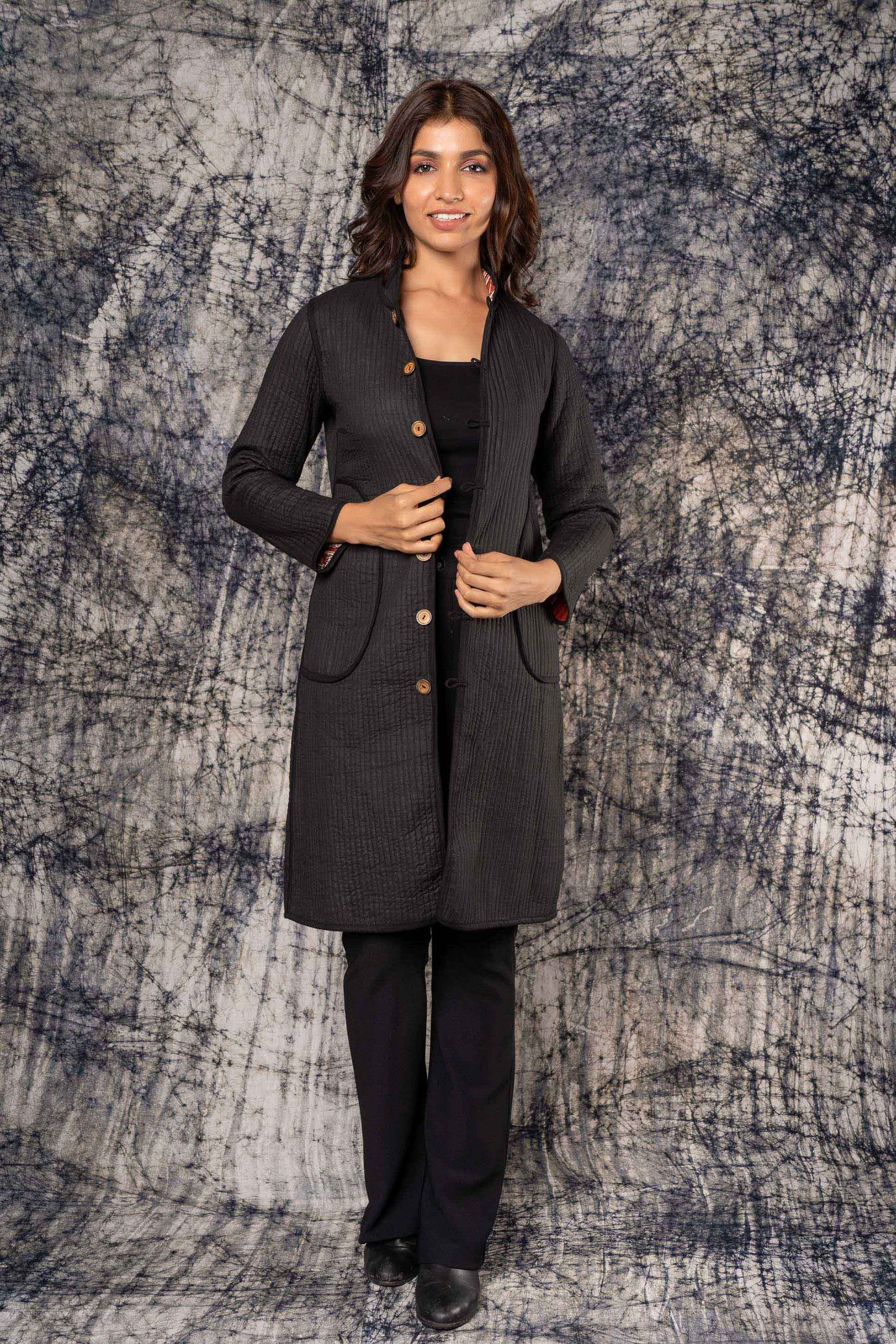 Bagru Block Printed Reversible Quilted Coat-NVQJ389