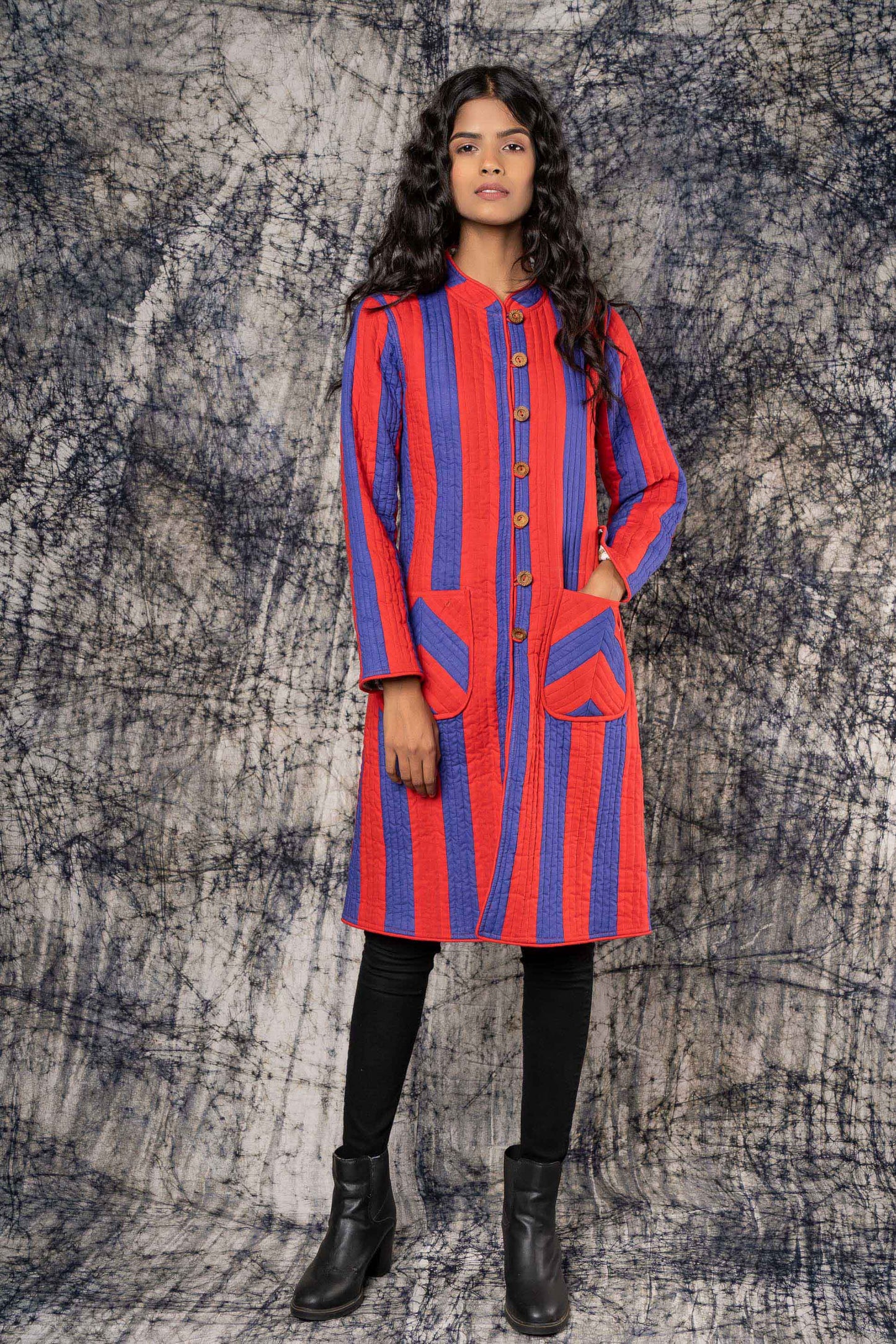 Blue Red Stripes Quilted Reversible Applique Coat-NVQJ391