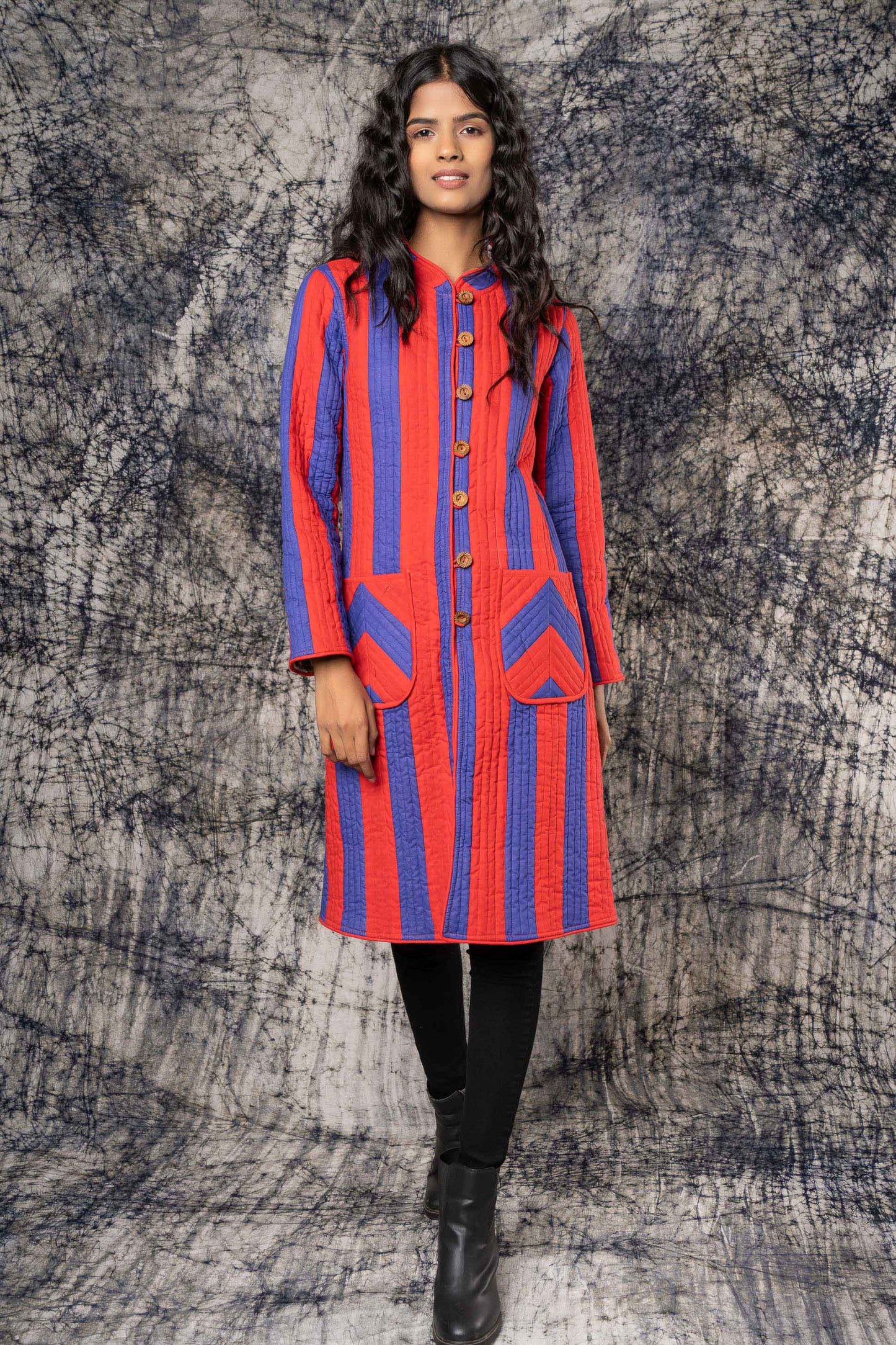 Blue Red Stripes Quilted Reversible Applique Coat-NVQJ391