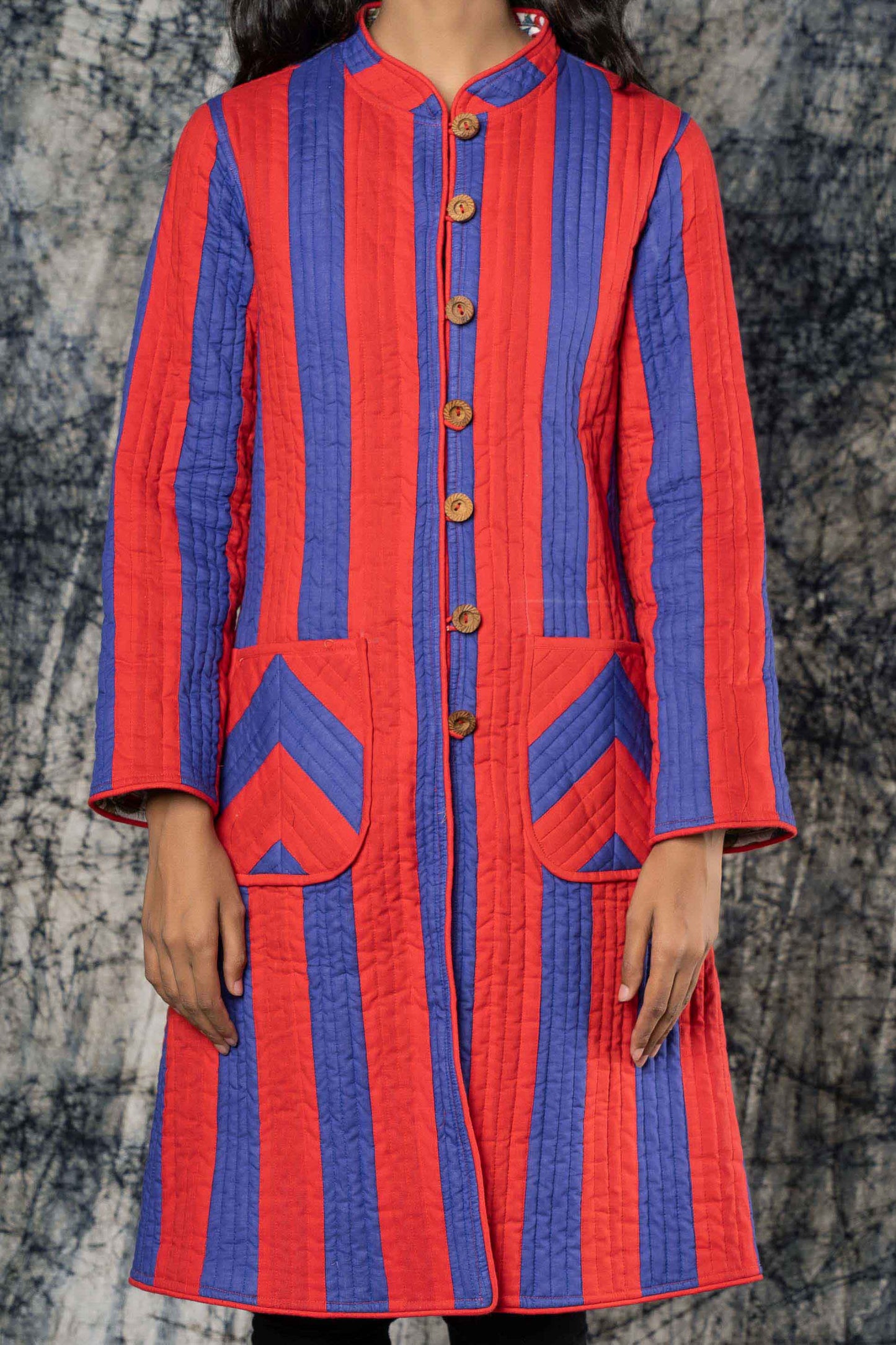 Blue Red Stripes Quilted Reversible Applique Coat-NVQJ391