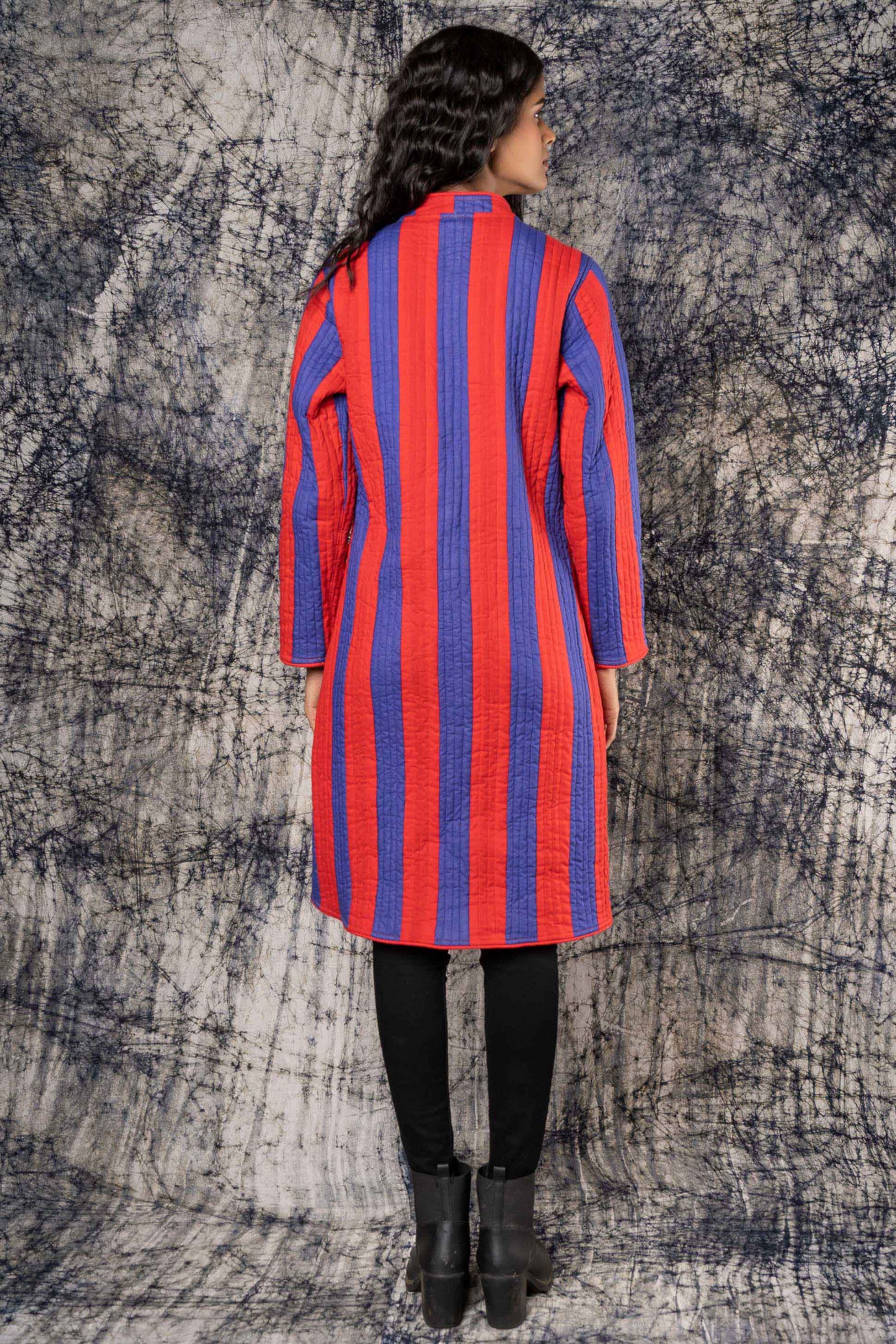 Blue Red Stripes Quilted Reversible Applique Coat-NVQJ391