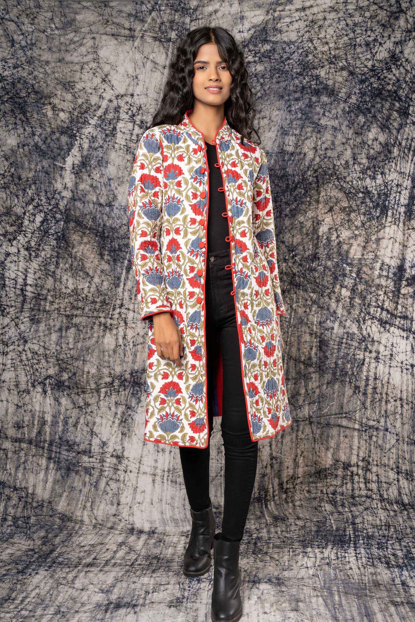 Blue Red Stripes Quilted Reversible Applique Coat-NVQJ391