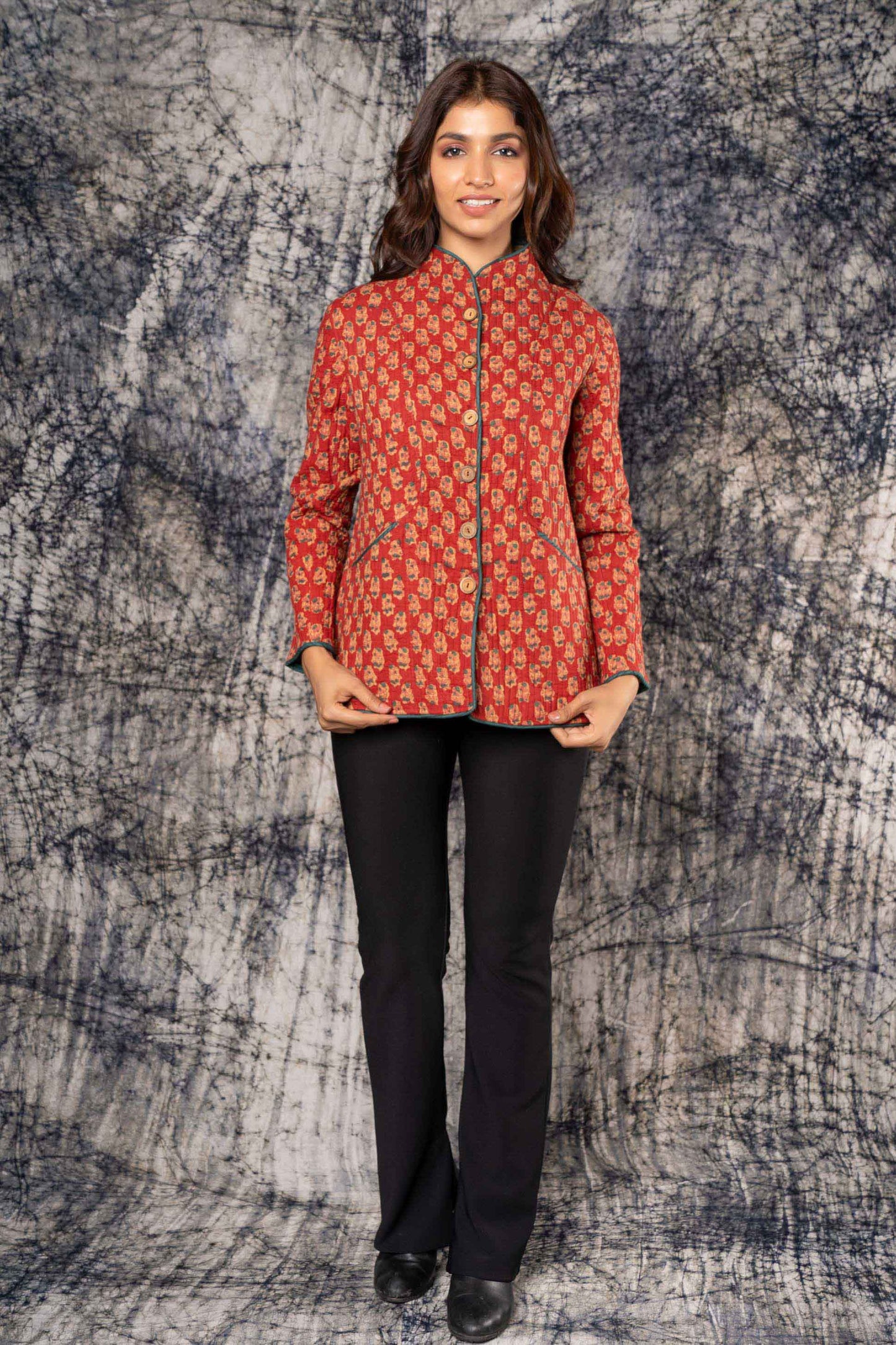 Red Block Printed Cotton Quilted Jacket-NVQJ380