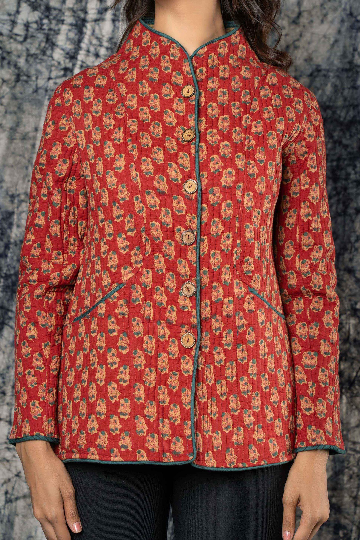 Red Block Printed Cotton Quilted Jacket-NVQJ380