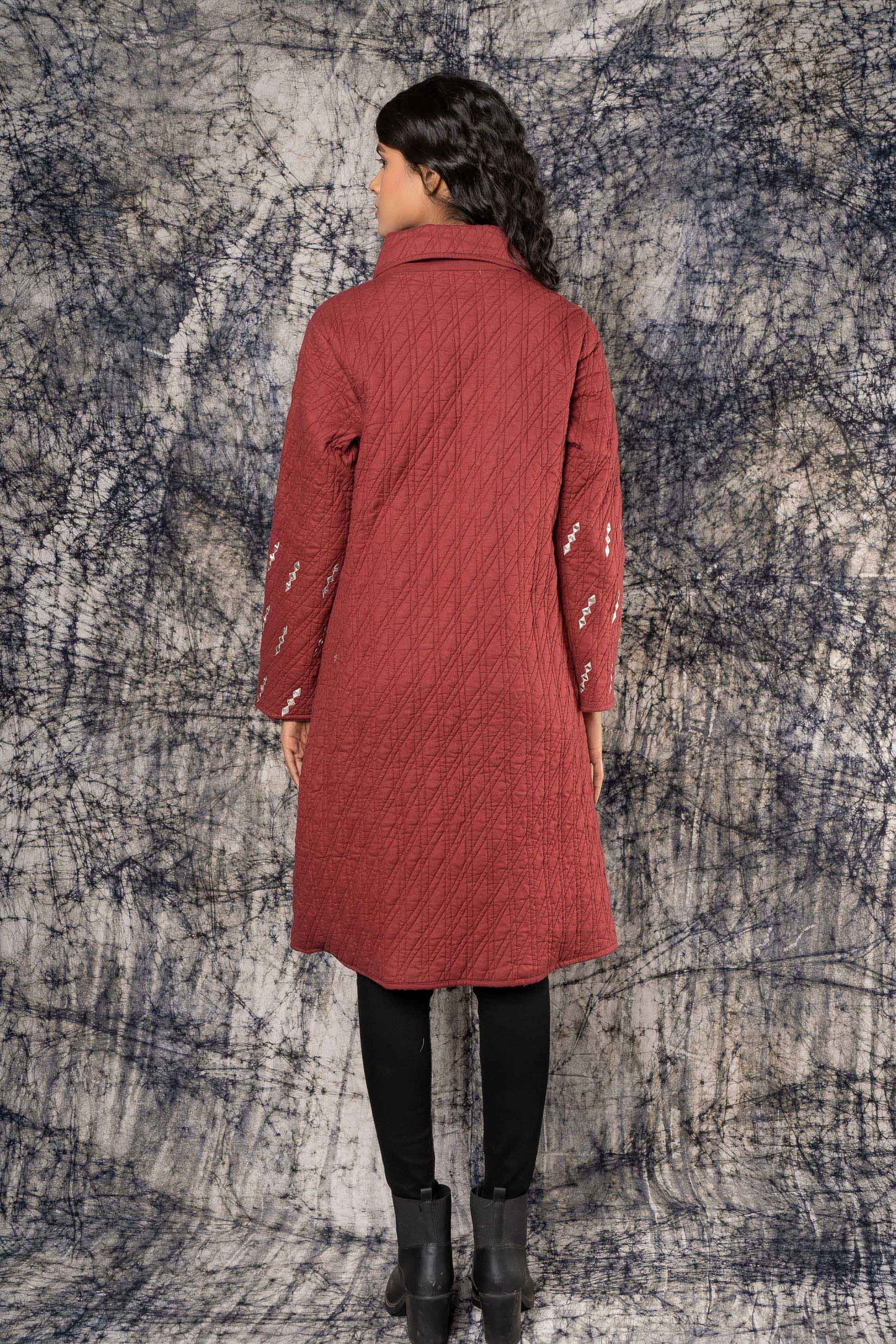 Maroon Mirror Work Quilted Bukhara Coat-NVQJ423