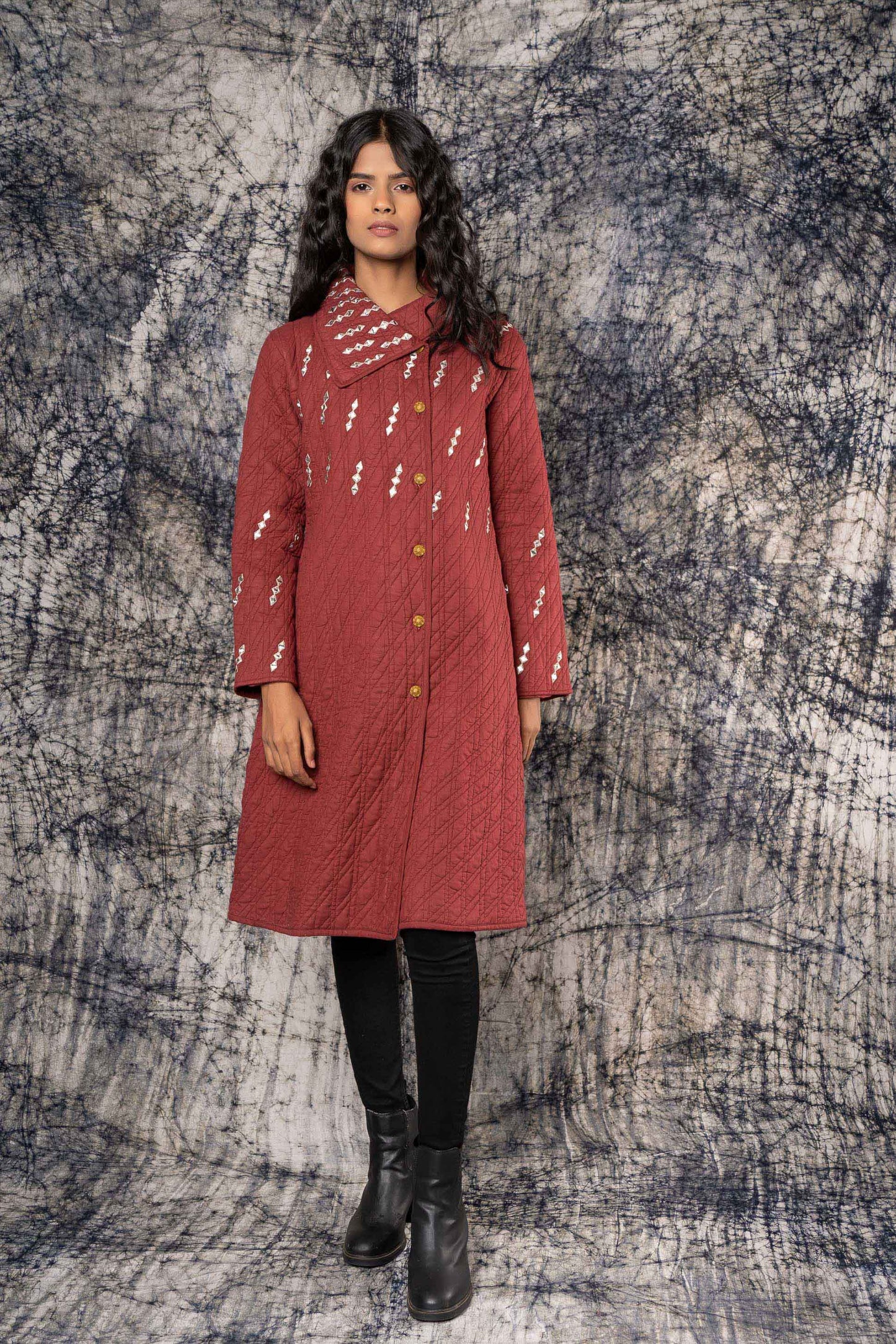 Maroon Mirror Work Quilted Bukhara Coat-NVQJ423