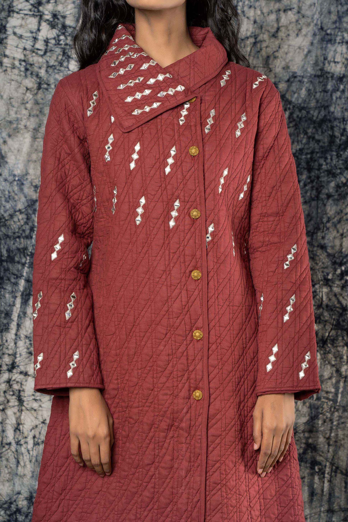 Maroon Mirror Work Quilted Bukhara Coat-NVQJ423