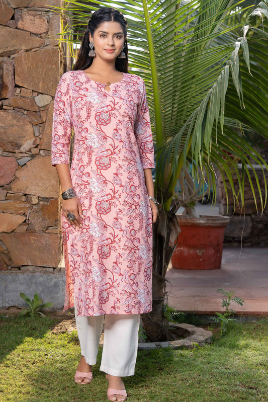 PEACH FLORAL PRINTED KURTA -KS509