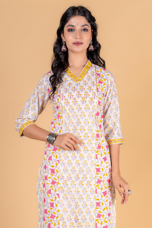 Yellow Pink Block Printed Kurta - KS122