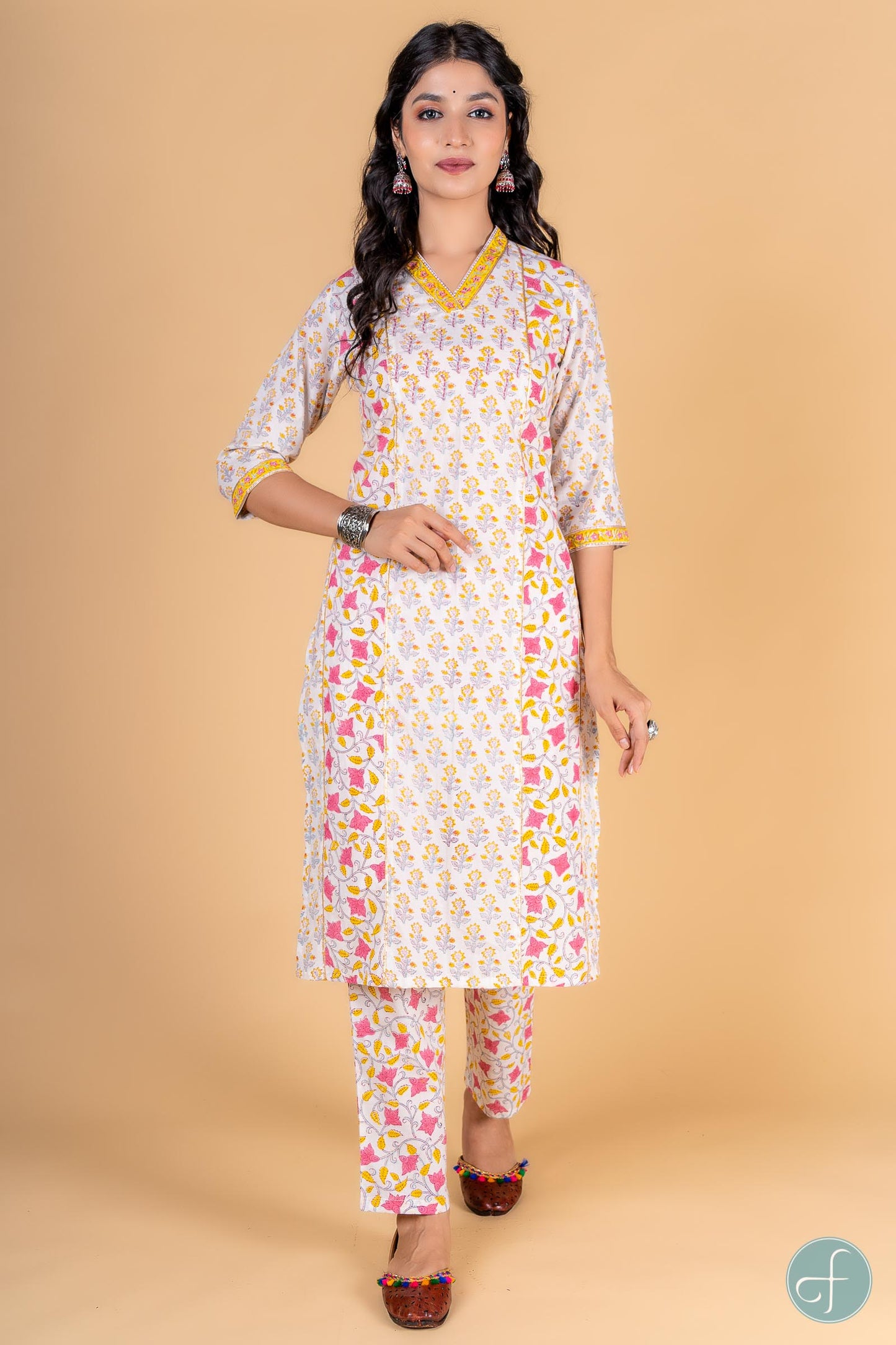 Yellow Pink Block Printed Kurta - KS122