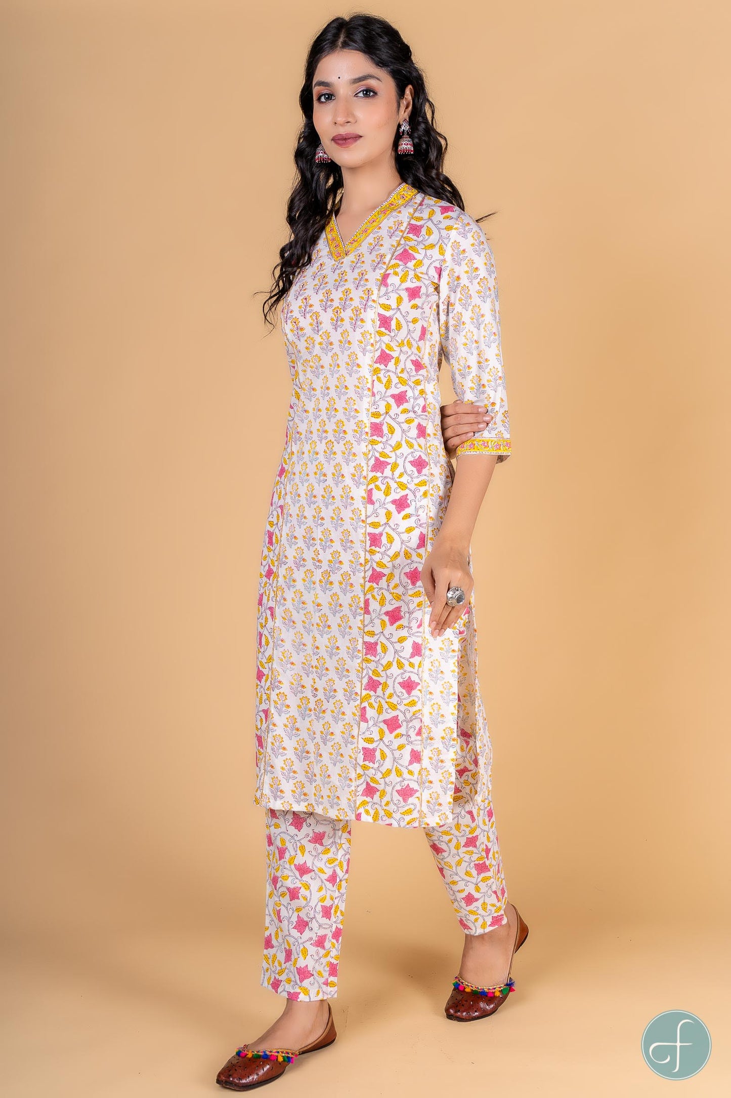 Yellow Pink Block Printed Kurta - KS122