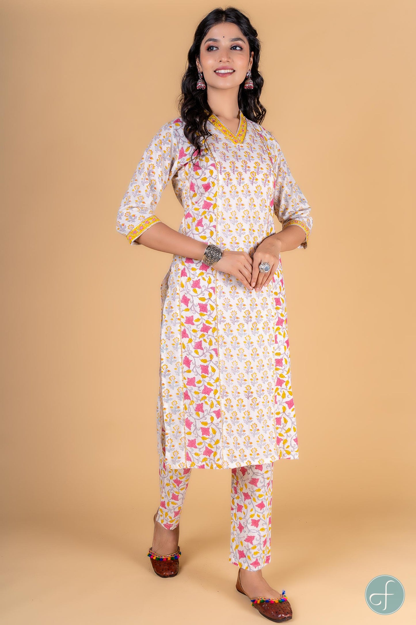 Yellow Pink Block Printed Kurta - KS122