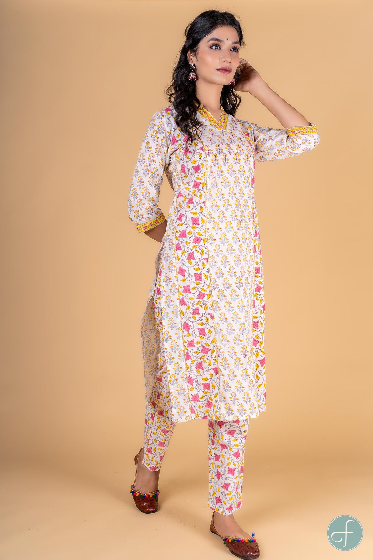 Yellow Pink Block Printed Kurta - KS122