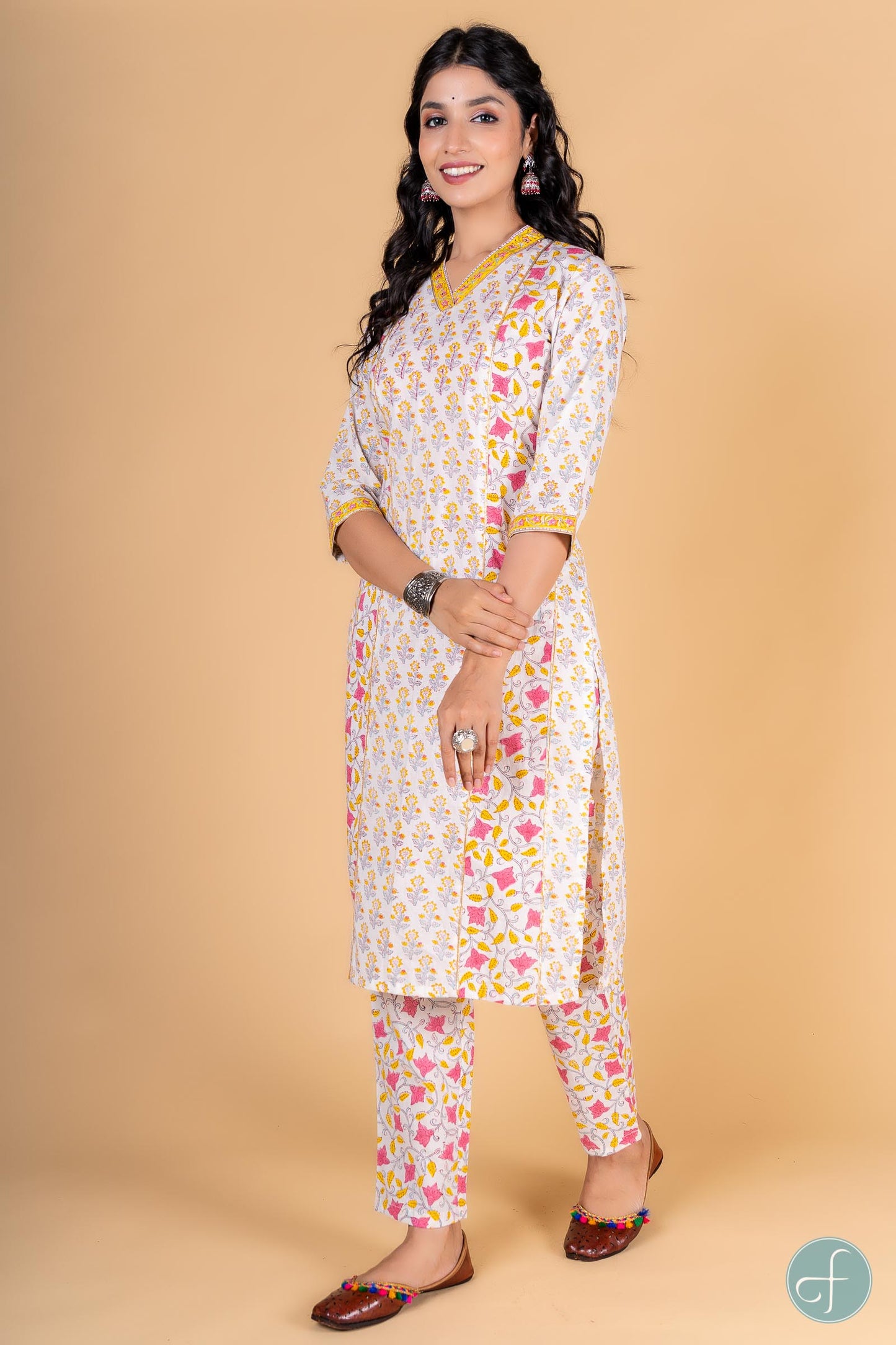 Yellow Pink Block Printed Kurta - KS122