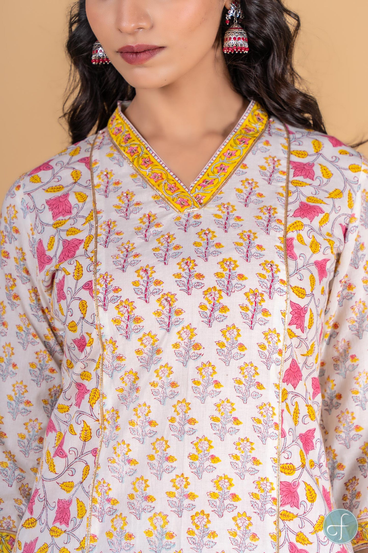 Yellow Pink Block Printed Kurta - KS122