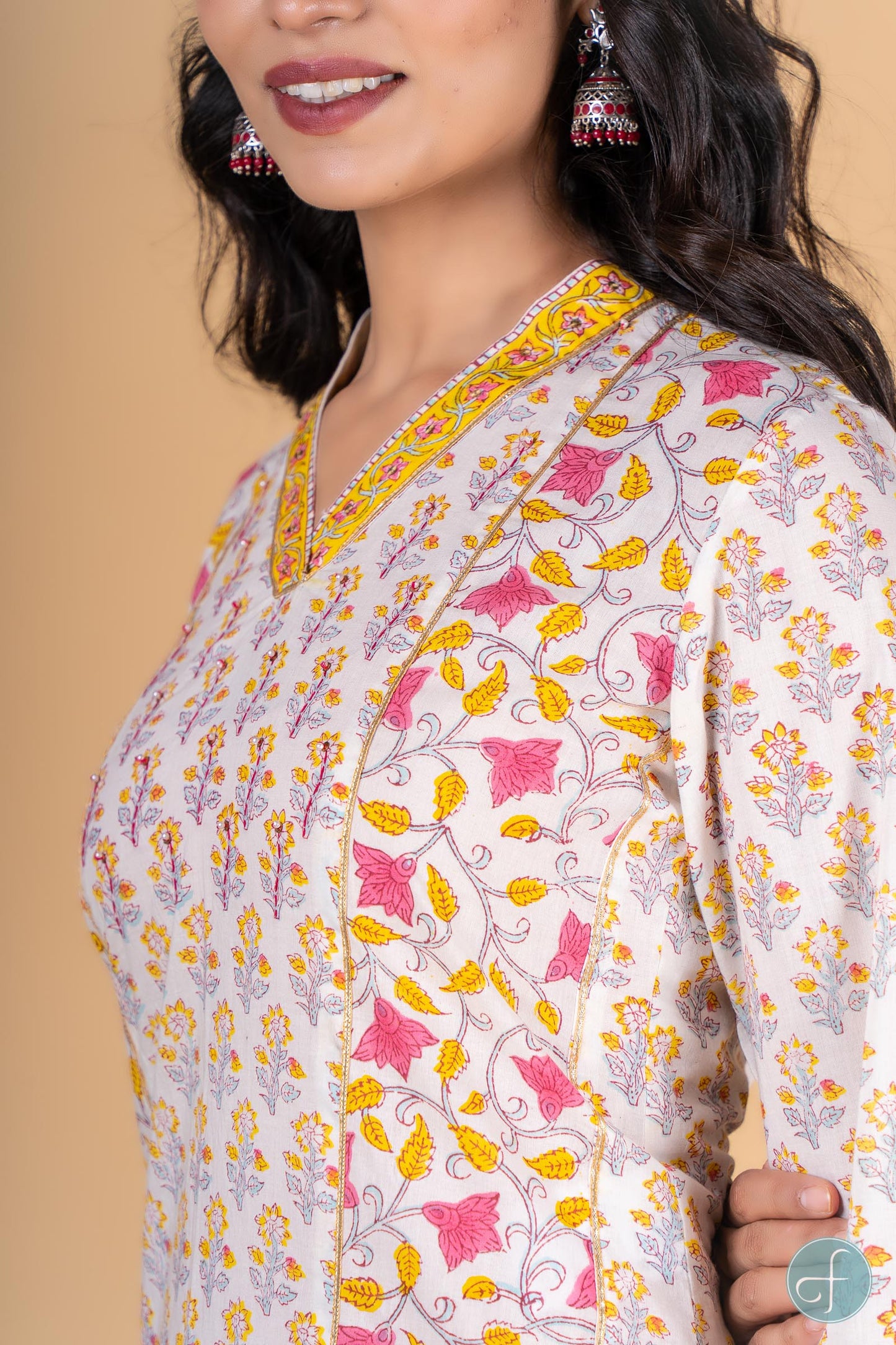 Yellow Pink Block Printed Kurta - KS122