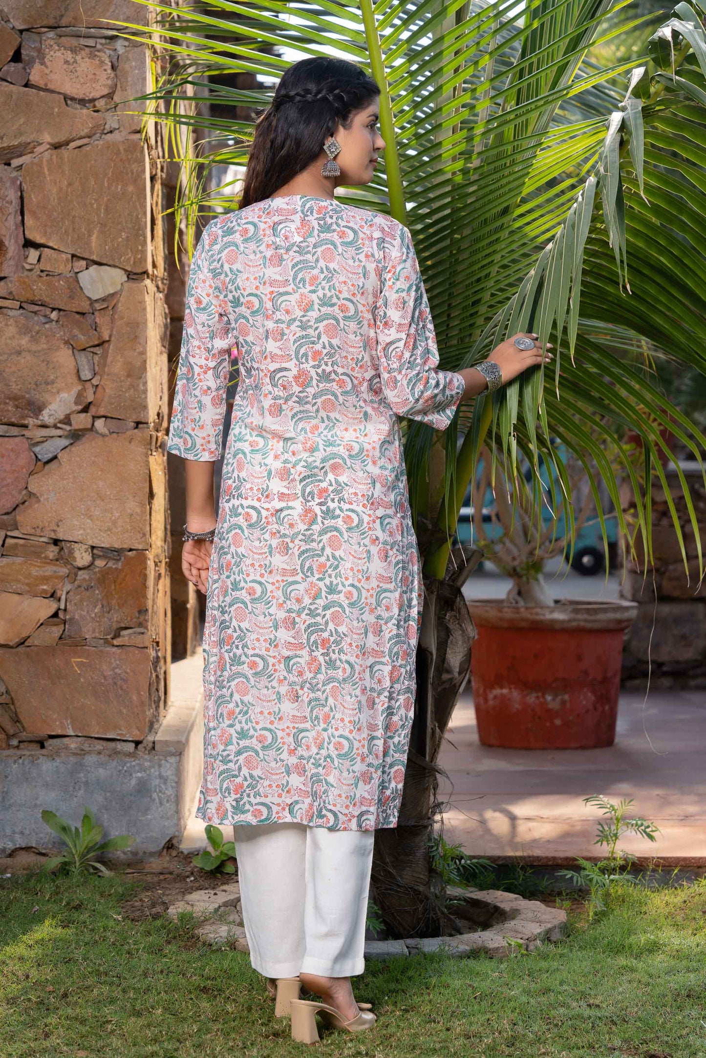 GREEN ORANGE FLORAL PRINTED KURTA -KS513