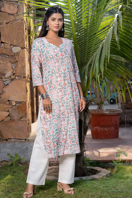 GREEN ORANGE FLORAL PRINTED KURTA -KS513