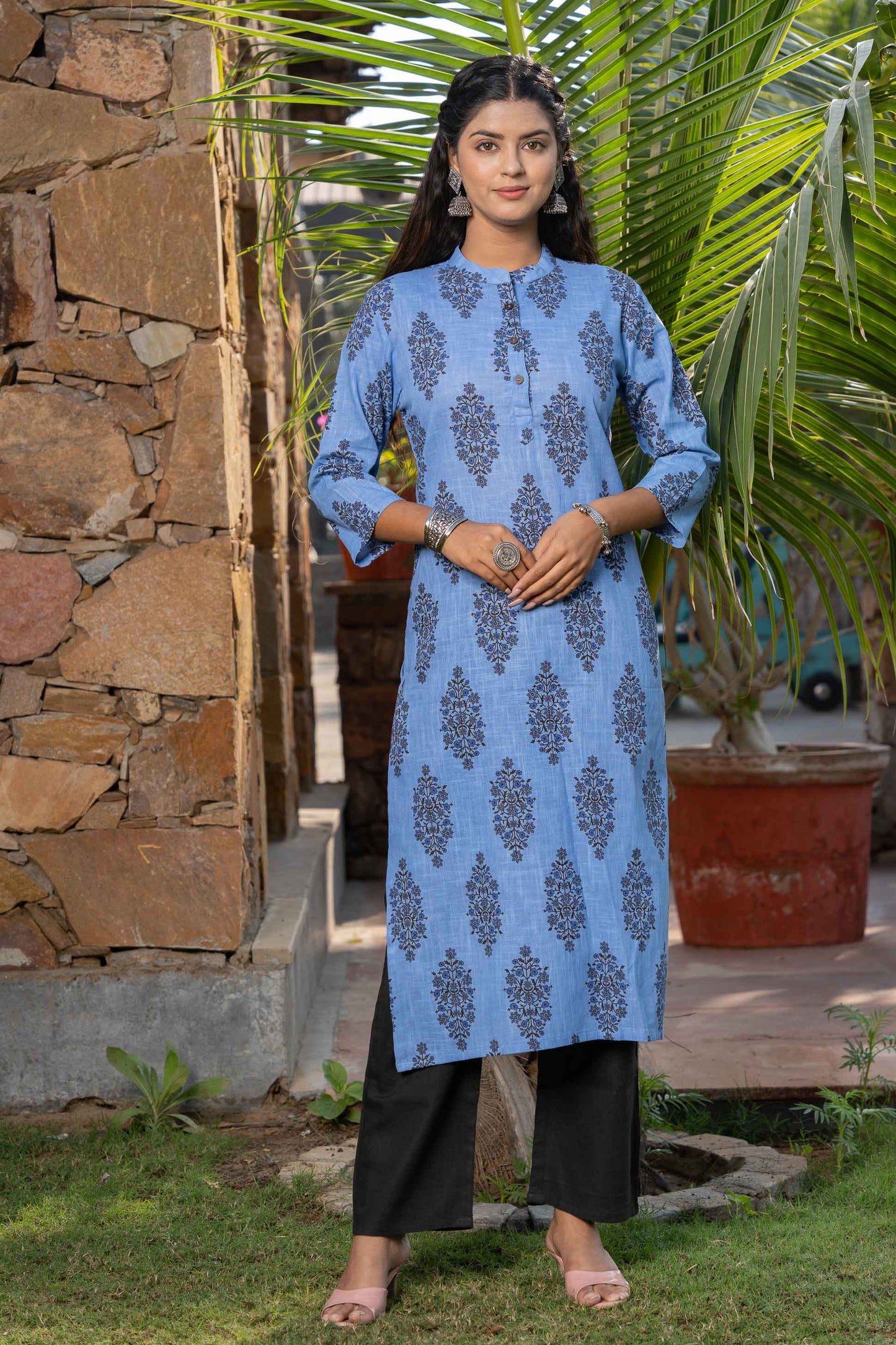 BLUE SLUB COTTON PRINTED KURTA -KS517