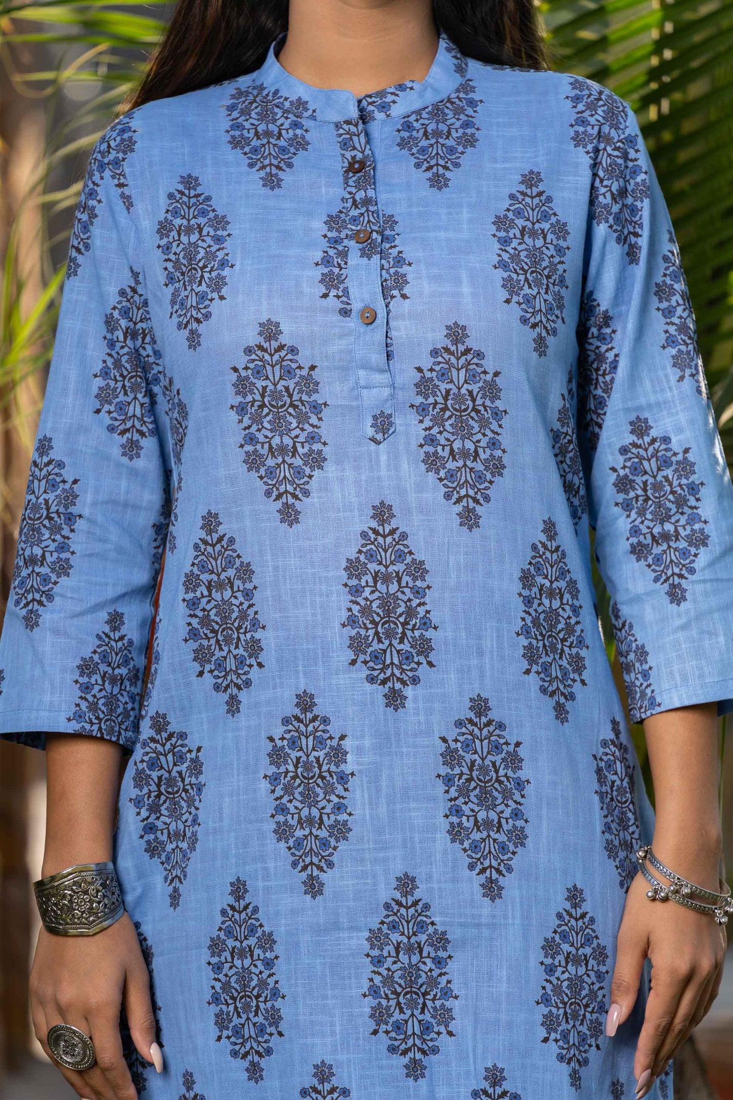 BLUE SLUB COTTON PRINTED KURTA -KS517