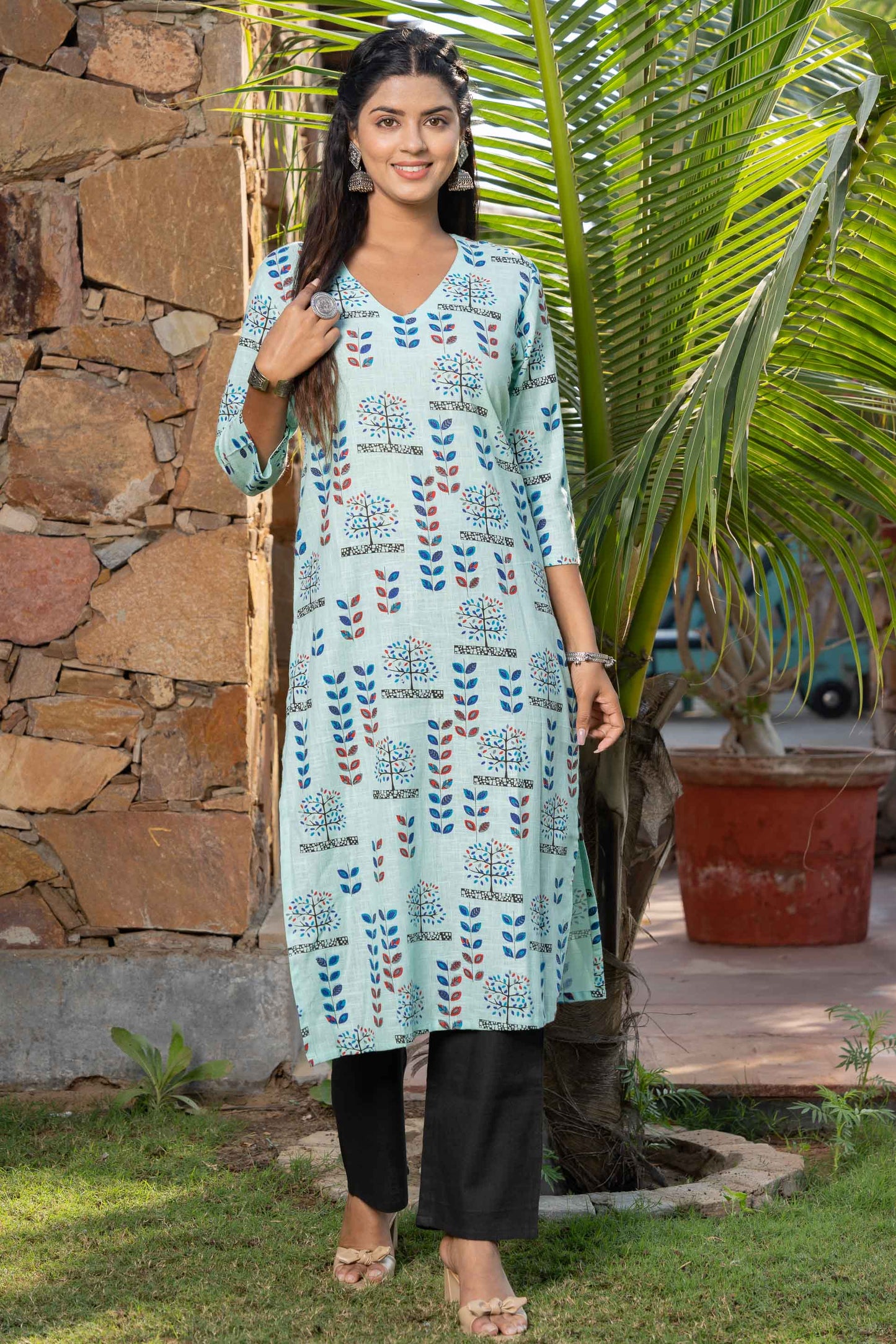 GREEN PRINTED SLUB COTTON KURTA-KS522