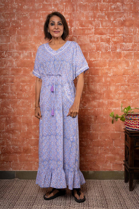 LAVENDER FOG BLOCK PRINT KAFTAN NIGHT GOWN-NG48