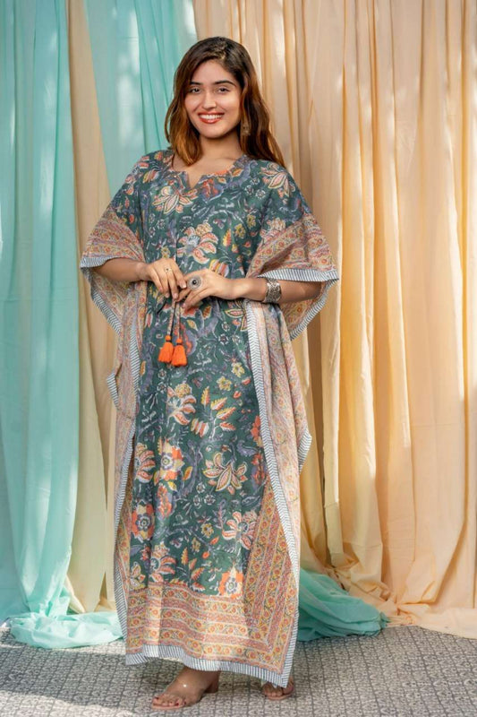 GREEN FLORAL BLOCK PRINTED LONG KAFTAN-NVK437