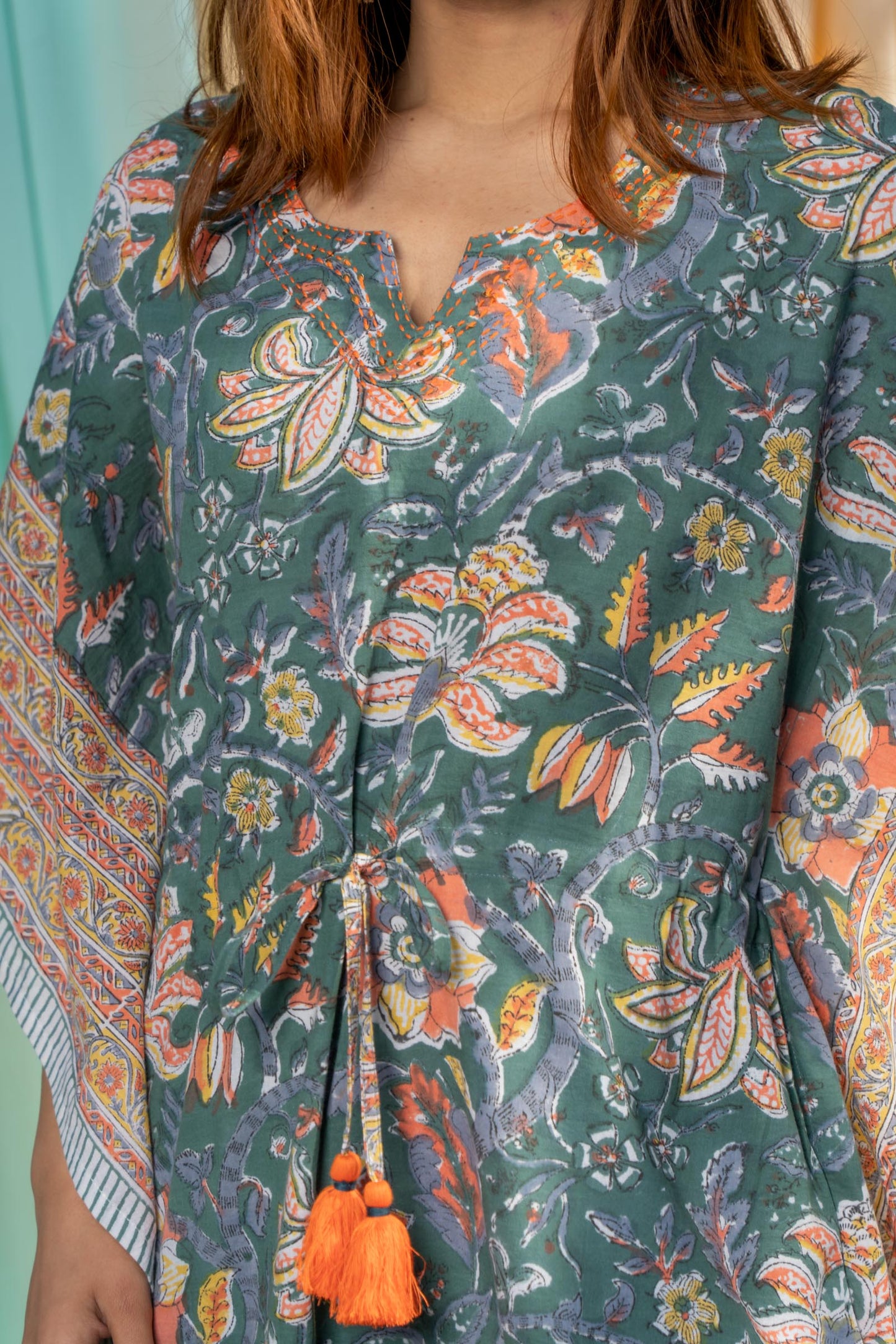 GREEN FLORAL BLOCK PRINTED LONG KAFTAN-NVK437