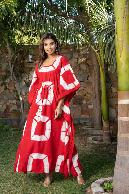 RED CLAMP DYE SHIBORI COTTON KAFTAN-NVK394