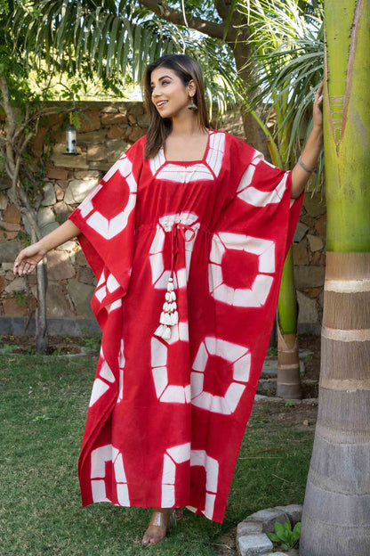 RED CLAMP DYE SHIBORI COTTON KAFTAN-NVK394