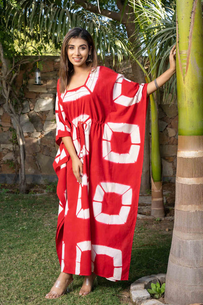 RED CLAMP DYE SHIBORI COTTON KAFTAN-NVK394