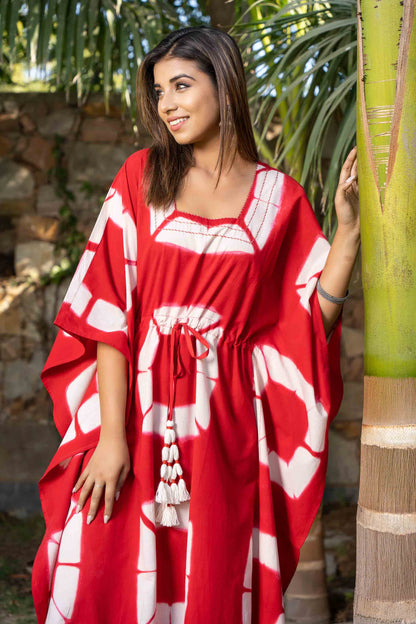 RED CLAMP DYE SHIBORI COTTON KAFTAN-NVK394