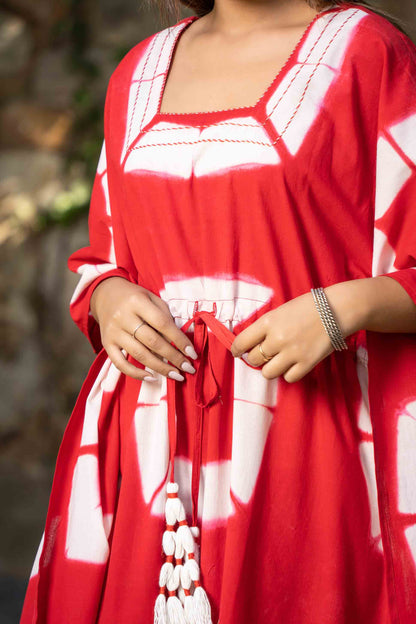 RED CLAMP DYE SHIBORI COTTON KAFTAN-NVK394