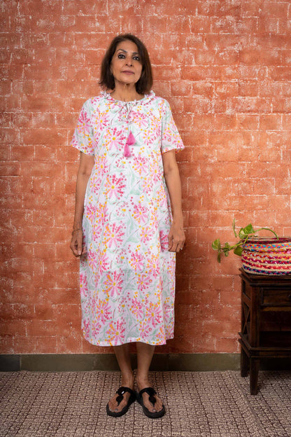 WHITE BLOCK PRINTED NIGHT GOWN-NG62