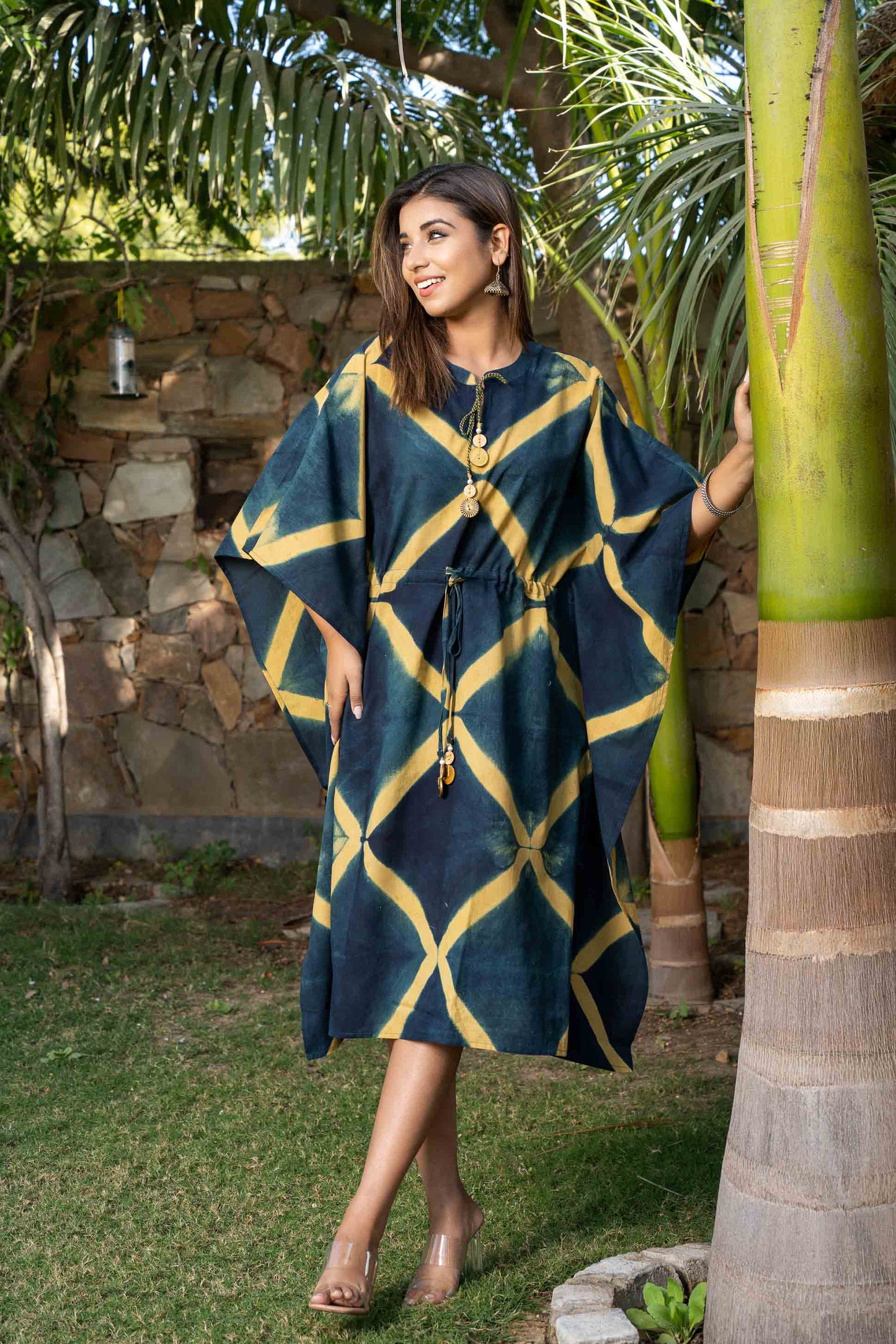 GREEN CLAMP DYE COTTON KAFTAN-NVK384