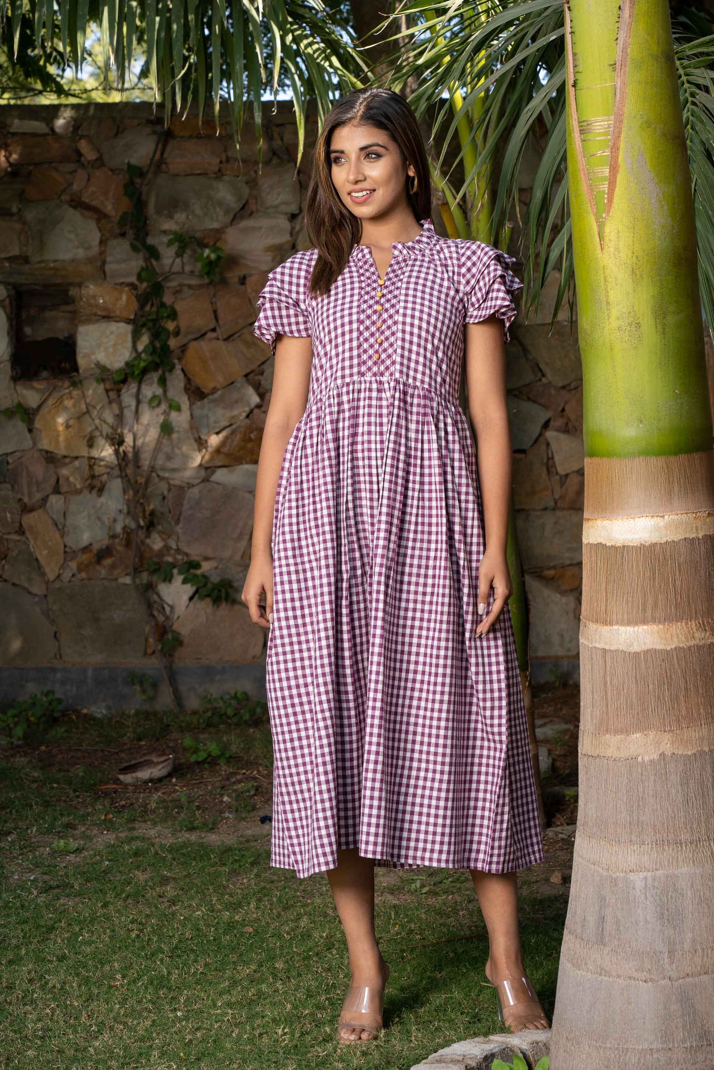 PURPLE CHECKS KHARI COTTON DRESS-NFD42