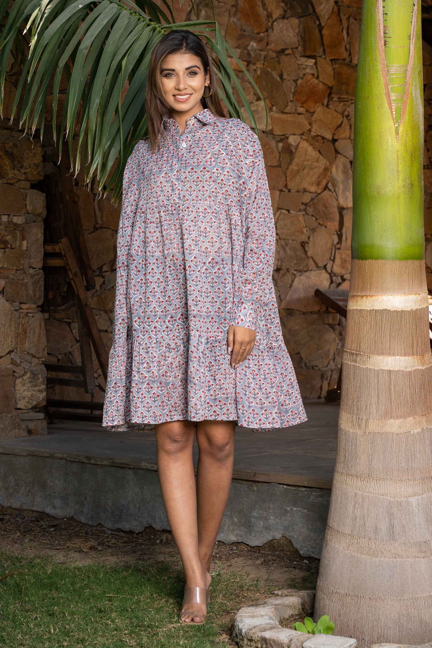 GREY BLOCK PRINTED SHIRT DRESS-NFD39