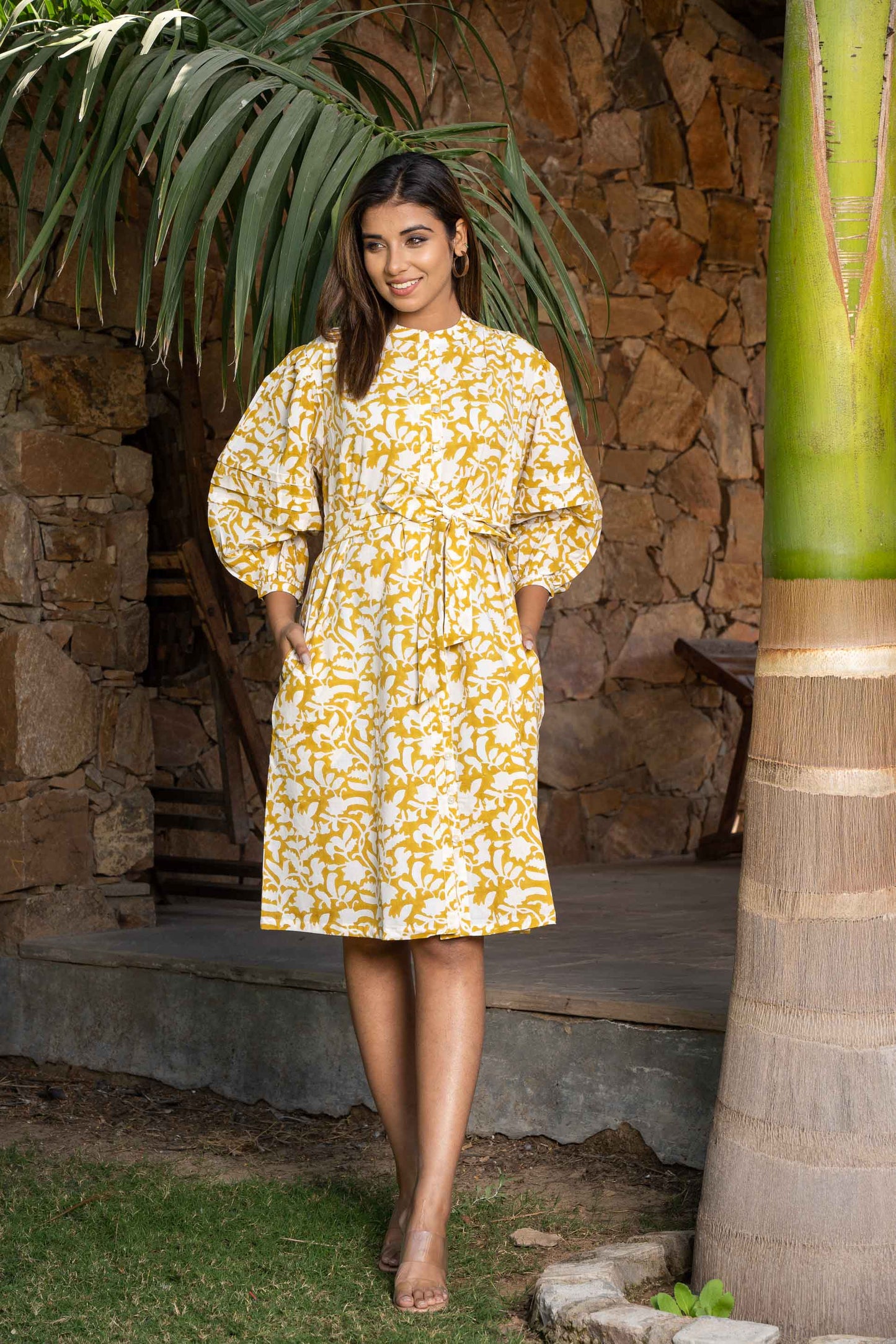 YELLOW BLOCK PRINTED MIDI DRESS-NFD47