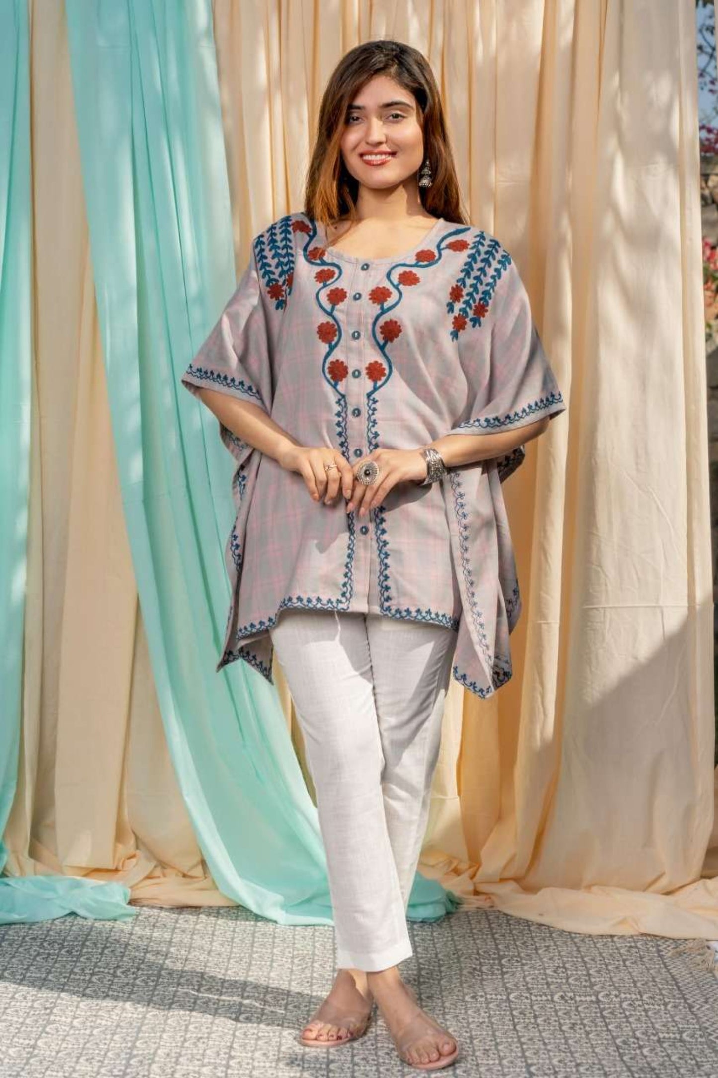 FLORAL EMBROIDERED SHORT KAFTAN TOP-NVK444