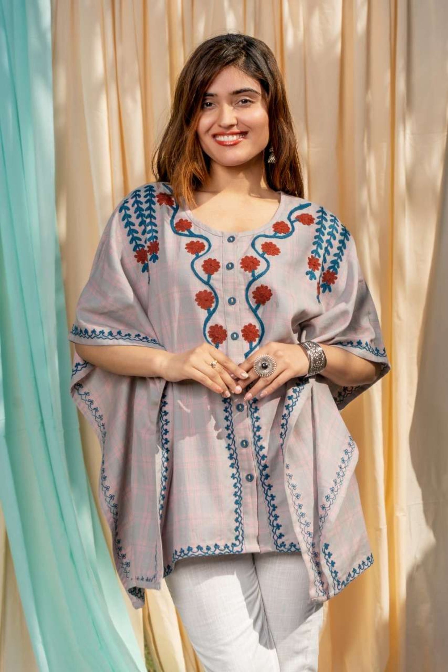 FLORAL EMBROIDERED SHORT KAFTAN TOP-NVK444