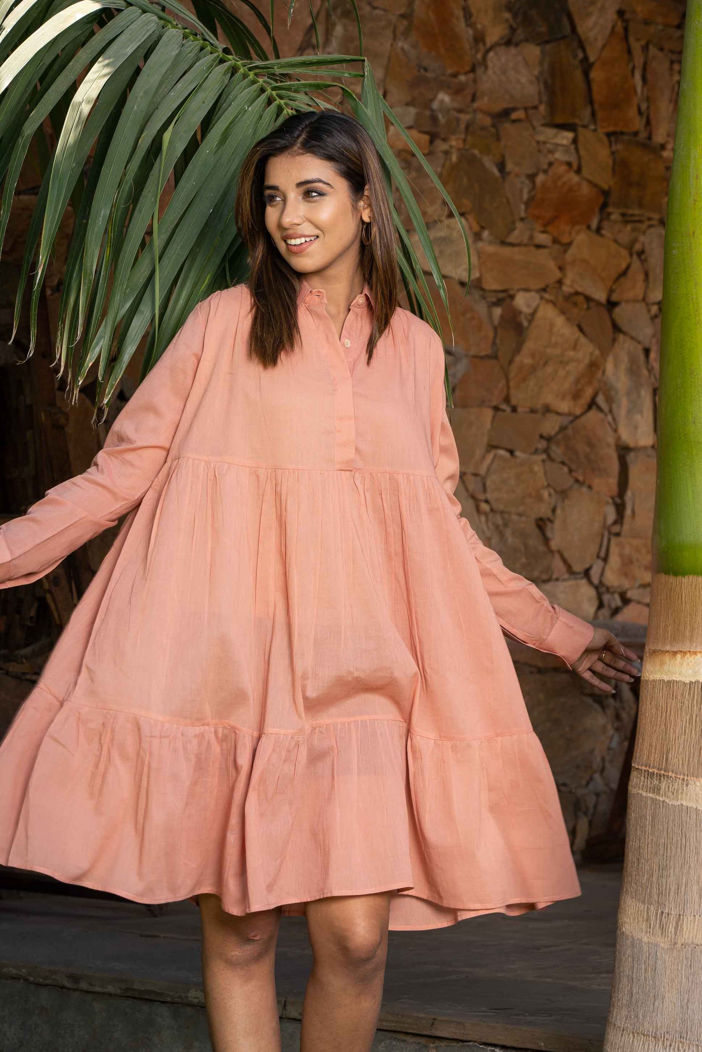 DUSTY PEACH GATHER SHIRT DRESS-NFD38