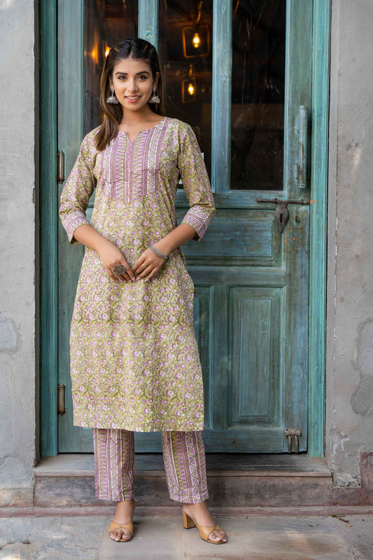 GREEN VIOLET BLOCK PRINTED KURTA SET-KS557