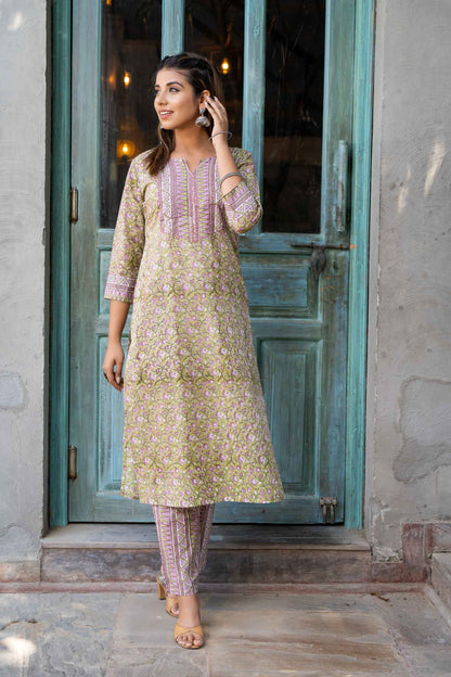 GREEN VIOLET BLOCK PRINTED KURTA SET-KS557