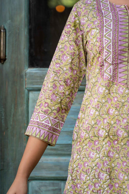 GREEN VIOLET BLOCK PRINTED KURTA SET-KS557