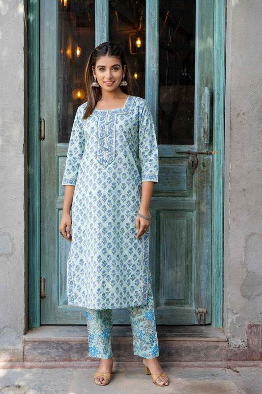 BLUE GREEN BLOCK PRINTED KURTA SET-KS558