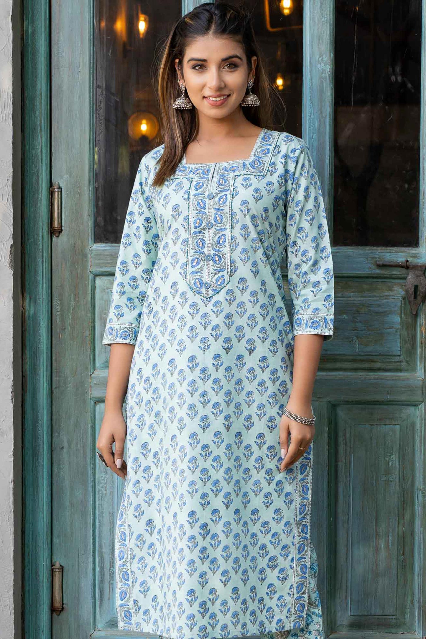 BLUE GREEN BLOCK PRINTED KURTA-KS572