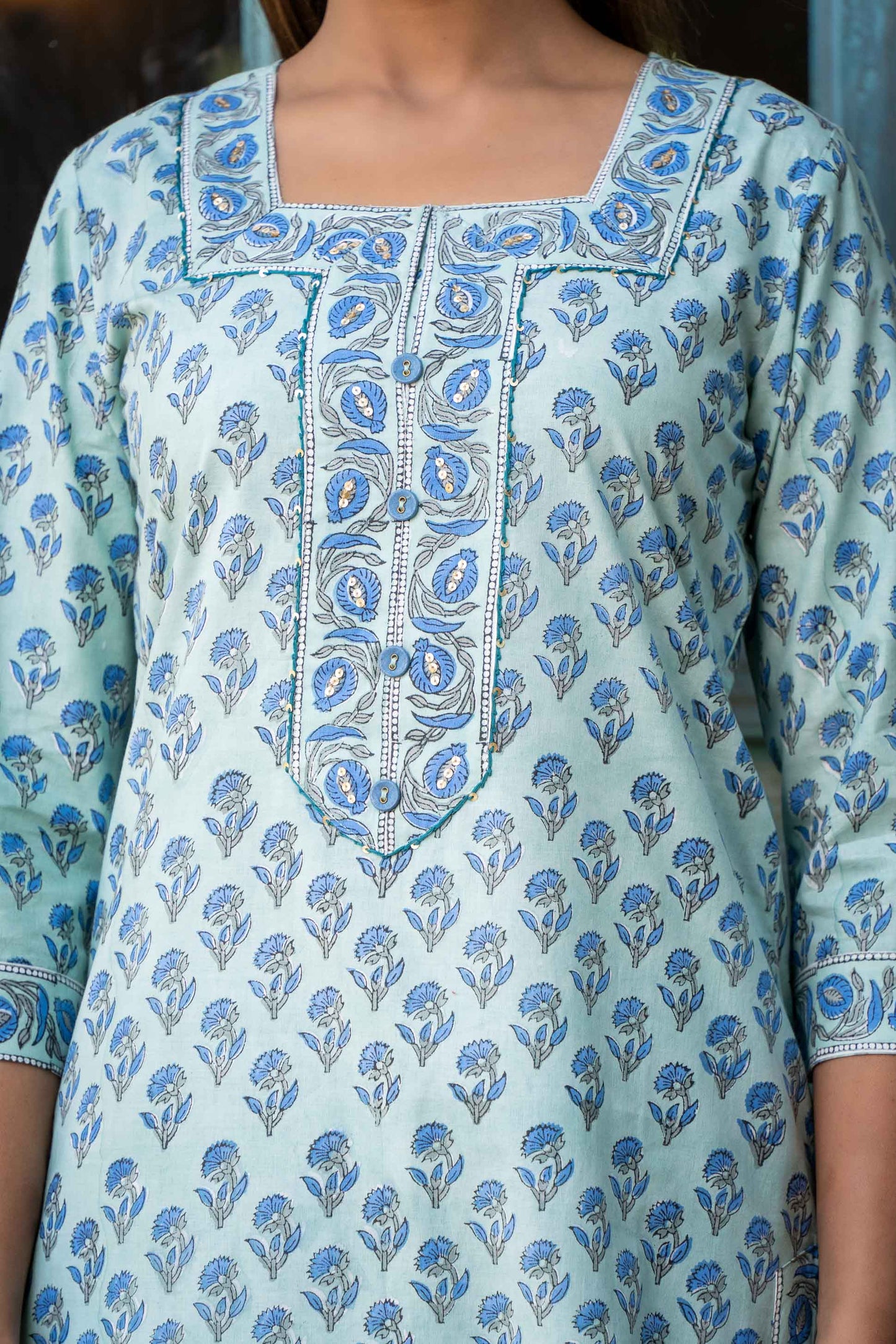 BLUE GREEN BLOCK PRINTED KURTA-KS572